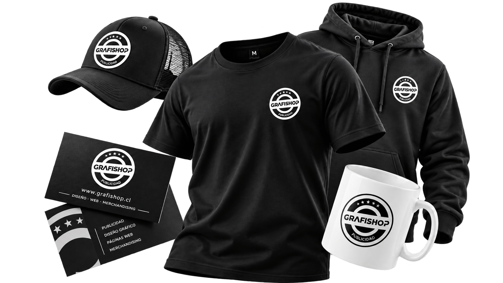 Productos personalizados de Grafishop: polera, polerón, gorra, taza y diseño corporativo