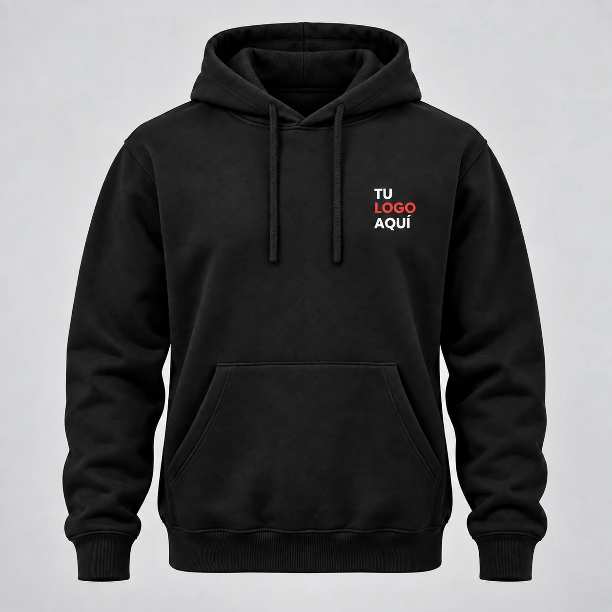 Polerón corporativo negro con capucha y personalización en el pecho